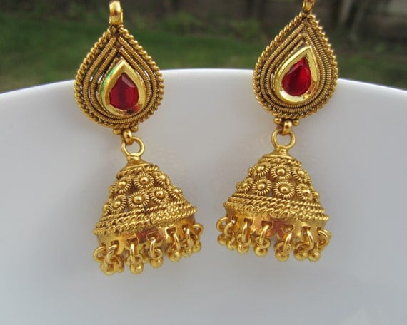 Red Stone Gold Jhumkas Indian Jewelry Bridal Earrings by Alankaar