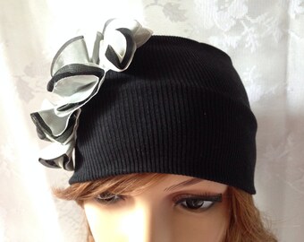 Women's Jersey Turban Hair Band Headband Head Wrap with Black and White Ruffle