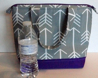 Lunch Bag, Insulated, Grey Arrow Print, Womens Lunch Bag, Girls Lunch Bag, Zipper Top, Made to Order, Choose Your Color and Size