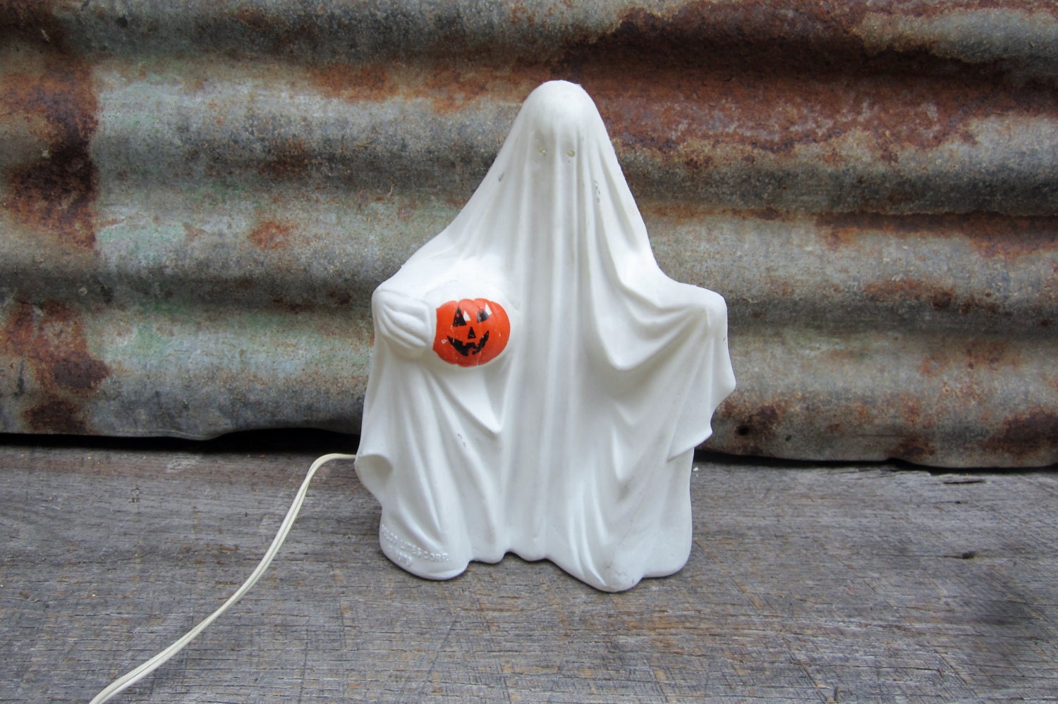 RARE Vintage Plastic Blow Mold Halloween GHOST with Pumpkin