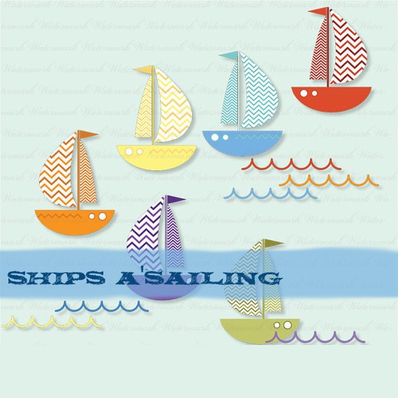Nautical clip art sailboat clipart chevron waves clipart sailboat digital scrapbook boat art : c0279 Rainbow x301 Il_570xn