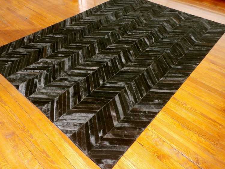 Black Herringbone Custom Cowhide Patchwork Rug by LifestyleByCara