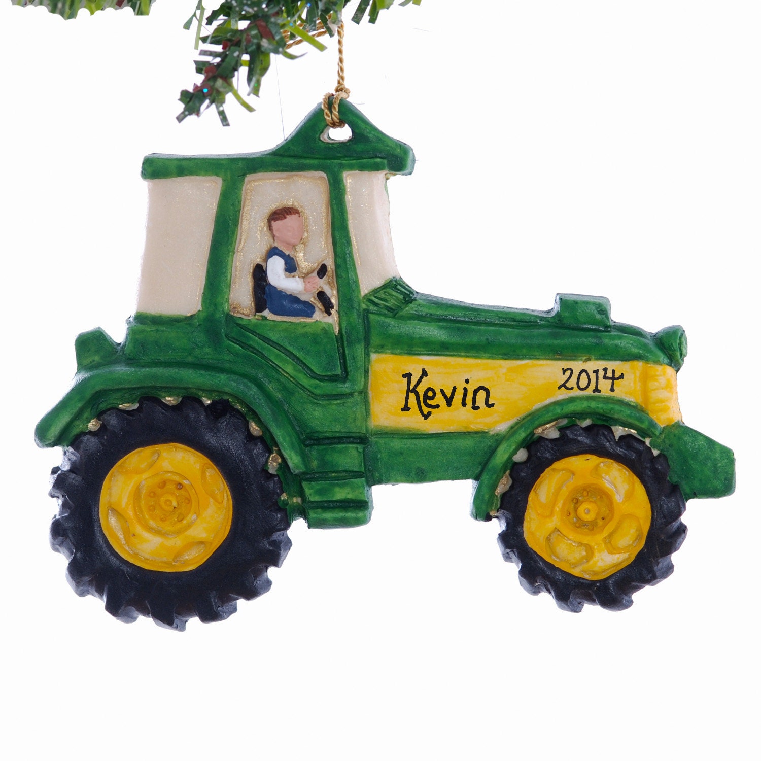Personalized tractor ornament green and yellow tractor