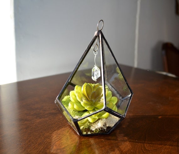 Small Hanging Terrarium, Glass Terrarium, Geometric Teardrop Shape Plant holder With chain and crystal.