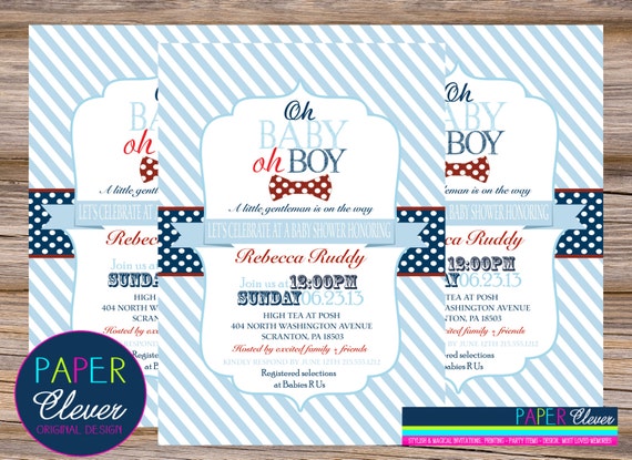 Bow-tie Boys baby shower invitation - navy, red, baby blue - digital, printable file #34 Il_570xn