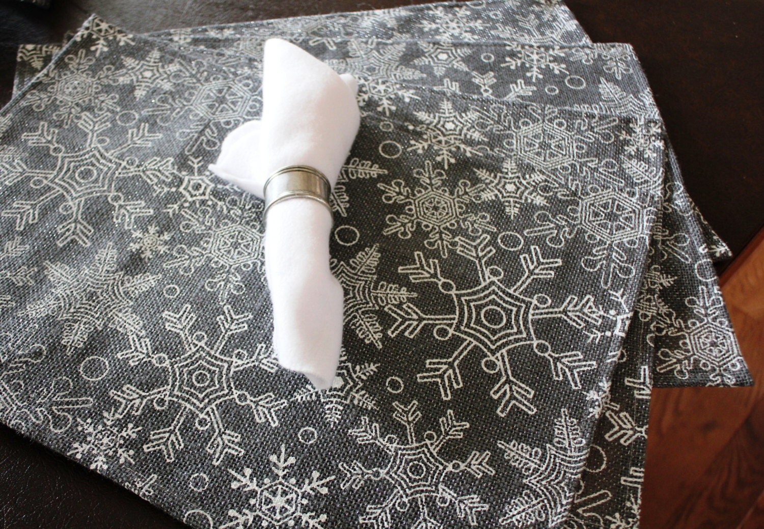 Silver Snowflakes Burlap Table Runner and Placemats