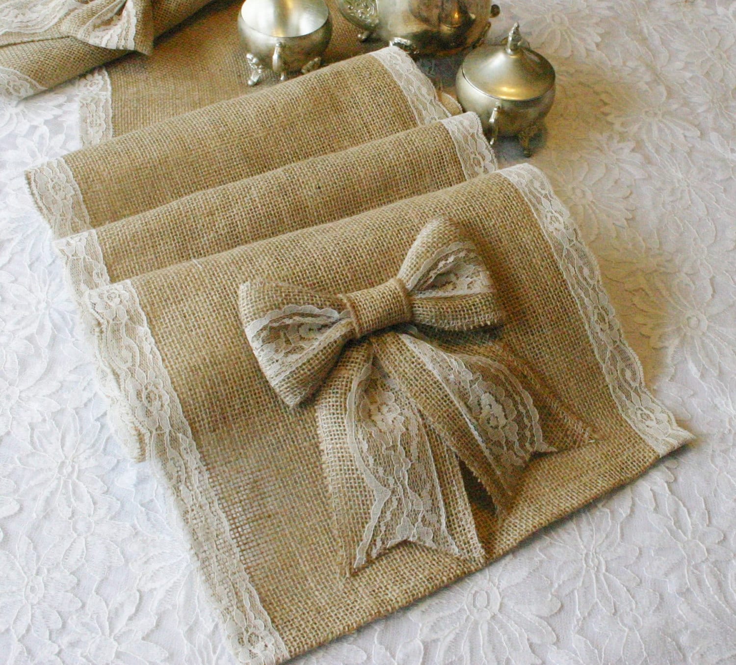 Burlap and lace table runners French country weddings shabby