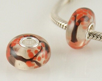 1 Bead - Autumn Tree Leaf Orange Sterling Silver Core .925 Lampwork European Bead Charm GJ1630 LC0050