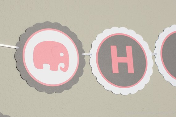 HAPPY BIRTHDAY Banner Elephant Pink Gray Il_570xn