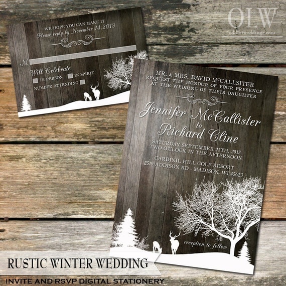 Rustic Winter Wedding Invite and RSVP  Country Winter Snow landscape with Deer and Trees-Wood Background - Digital Printable File