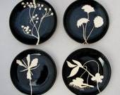 Black and White Hand Painted and Carved Ceramic Dessert or Salad Plates, Floral Design, Botanicals, Functional Art Pottery