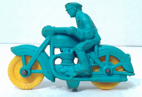 Vintage 1960s Auburn Rubber Motorcycle Toy Green with Yellow