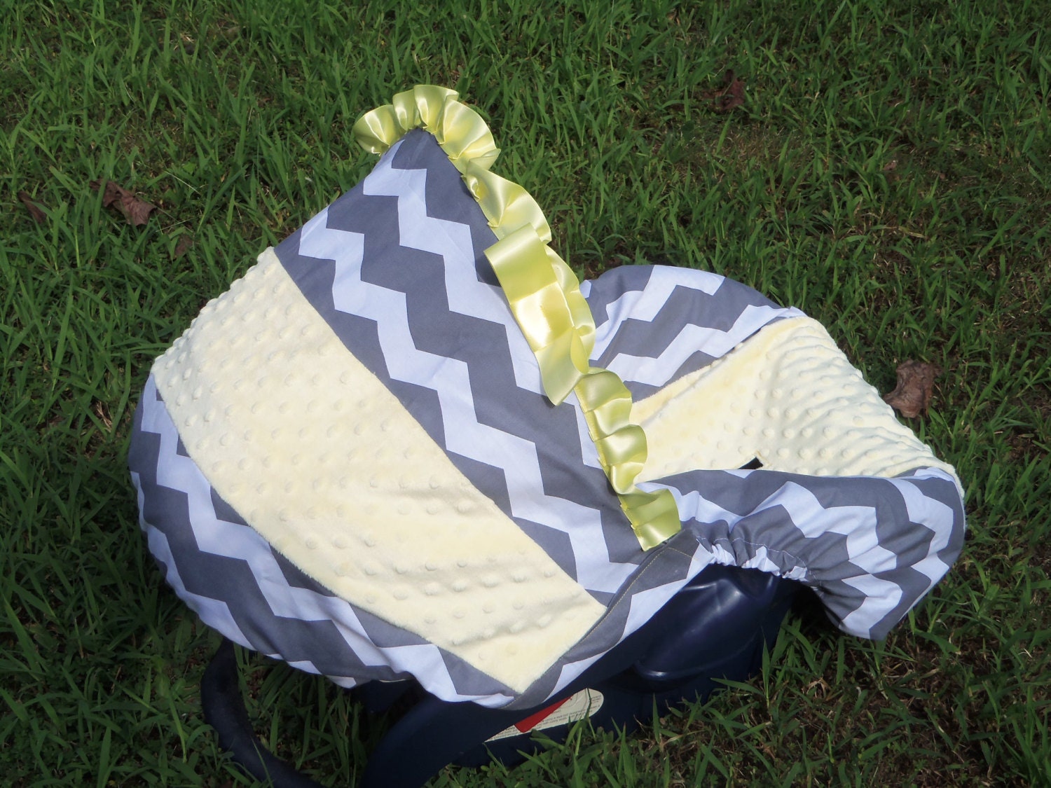 Grey Chevron Stripe yellow minky baby car seat by Pinkbanditbaby2