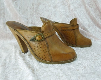 Leather Clogs Embossed Wood High Heel Platform Size 7 Made in Brazil