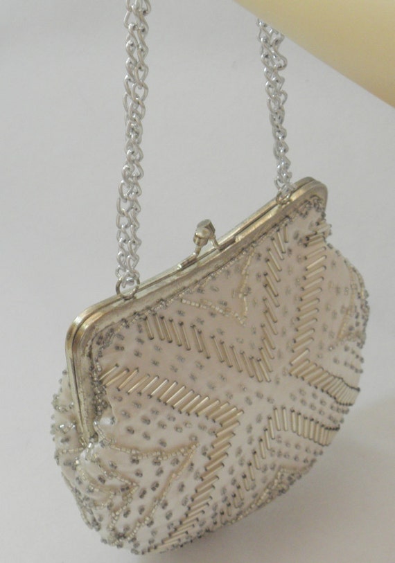 ... - Hand Beaded Silver Bead Satin Vintage Evening Bag - 1950's - '60's