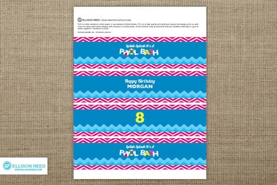 Pool party Birthday - Pool party Printable - pool party Drink Wraps - chevron brithday - Beach Birthday Party - Summer birthday printable Il_570xn