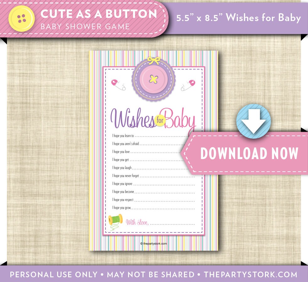 Wishes for Baby Printable Card Cute as a Button Baby Shower