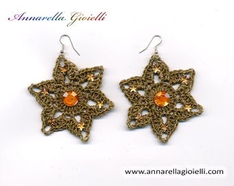 Crochet earrings #E188, green, yellow, flower, handmade, shimmer, golden, thread, cotton, modern style