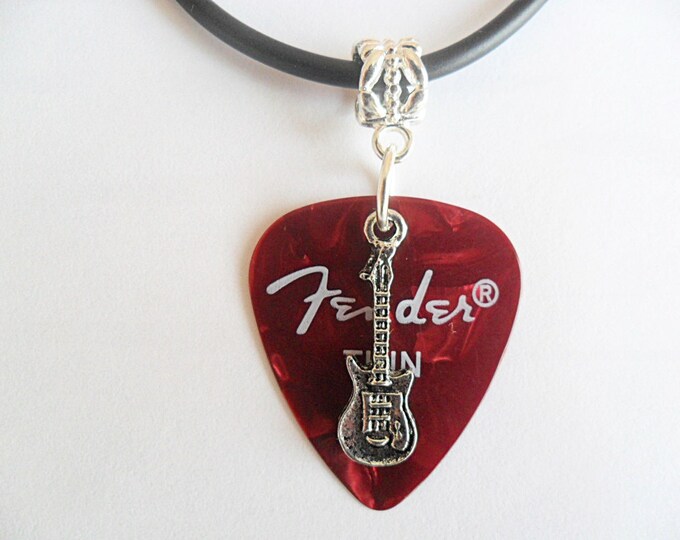 Fender Guitar pick necklace,red, with guitar charm that is adjustable from 18" to 20"