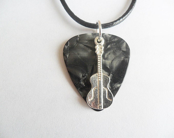Gray guitar pick necklace with guitar charm that is adjustable from 18" to 20"