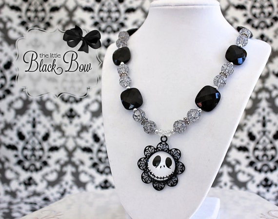 JACK SKELLINGTON Halloween Necklace, Nightmare Before Christmas Black, Silver Beads, Adult, Child, Toddler, Baby Size Beaded Necklace