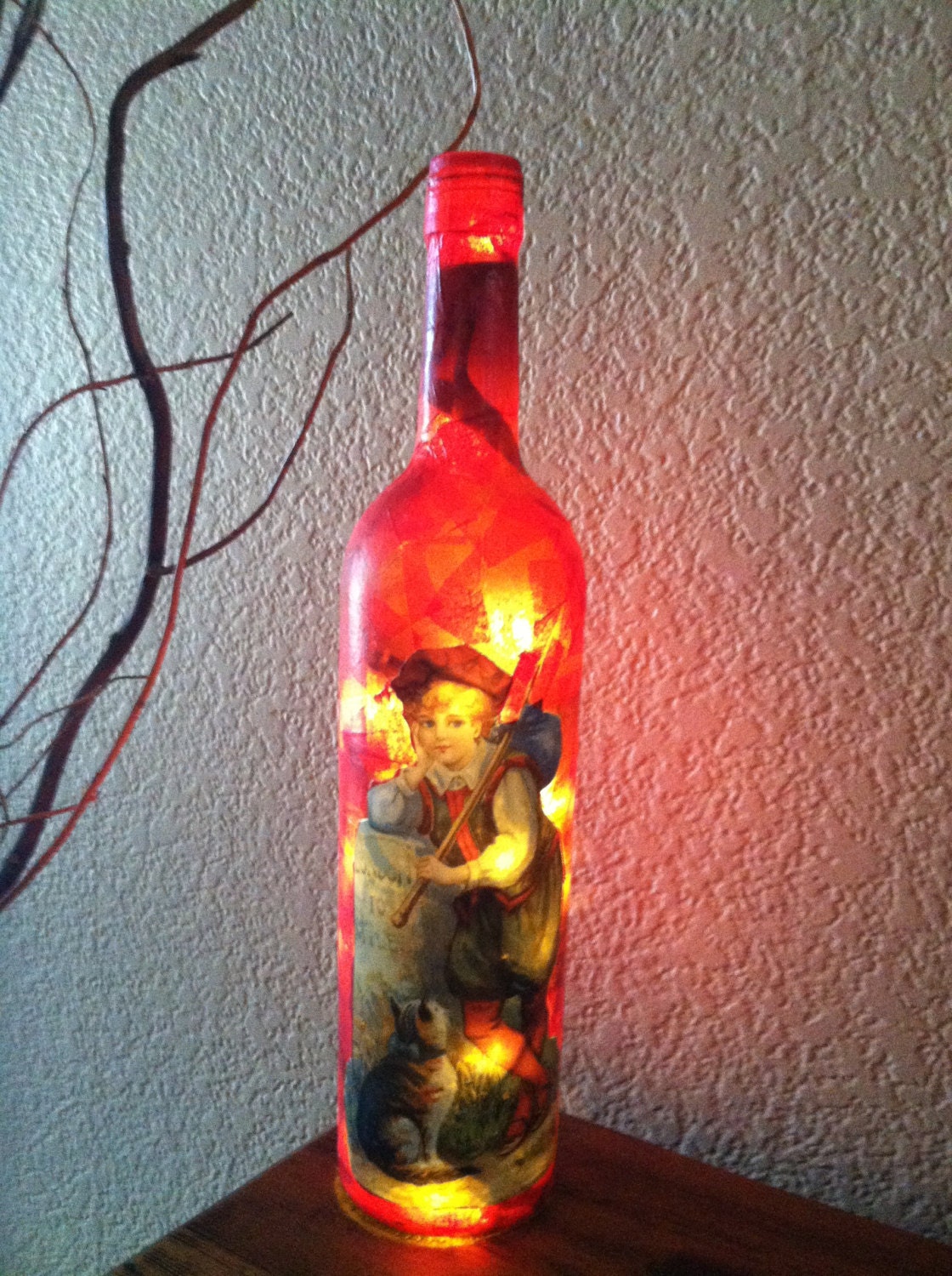 Wine Bottle Light Decoupaged Wine Bottle Little Boy Night