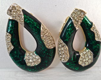 Vintage Kenneth J Lane Emerald Green Enamel and Rhinestone Horseshoe Clip Earrings 1960s Vintage Jewelry Signed Vintage Jewelry KJL Jewelry