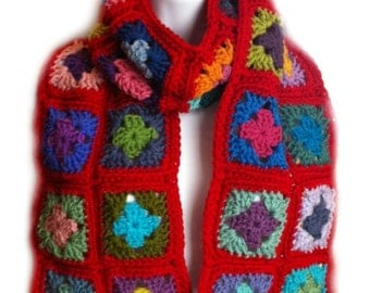 Crochet granny square scarf scarlet red crochet wrap granny square wrap kaleidoscope scarf scarlet red scarf READY TO SHIP
