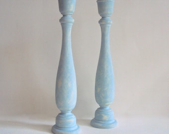 Pair of Shabby Cottage Chic Candle Holders - Tall Wooden Candlesticks - Shabby Spring Home Decor - Rustic Chic Decor - Two Wood Candlesticks