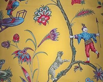 SCALAMANDRE CHINOISE EXOTIQUE Chinoiserie Toile Fabric 10 yards Mustard / Multi