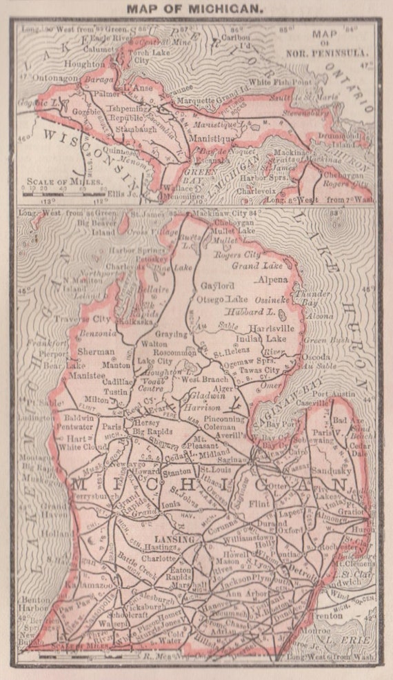 RARE Antique MICHIGAN Map Rare MINIATURE Vintage 1886 Map