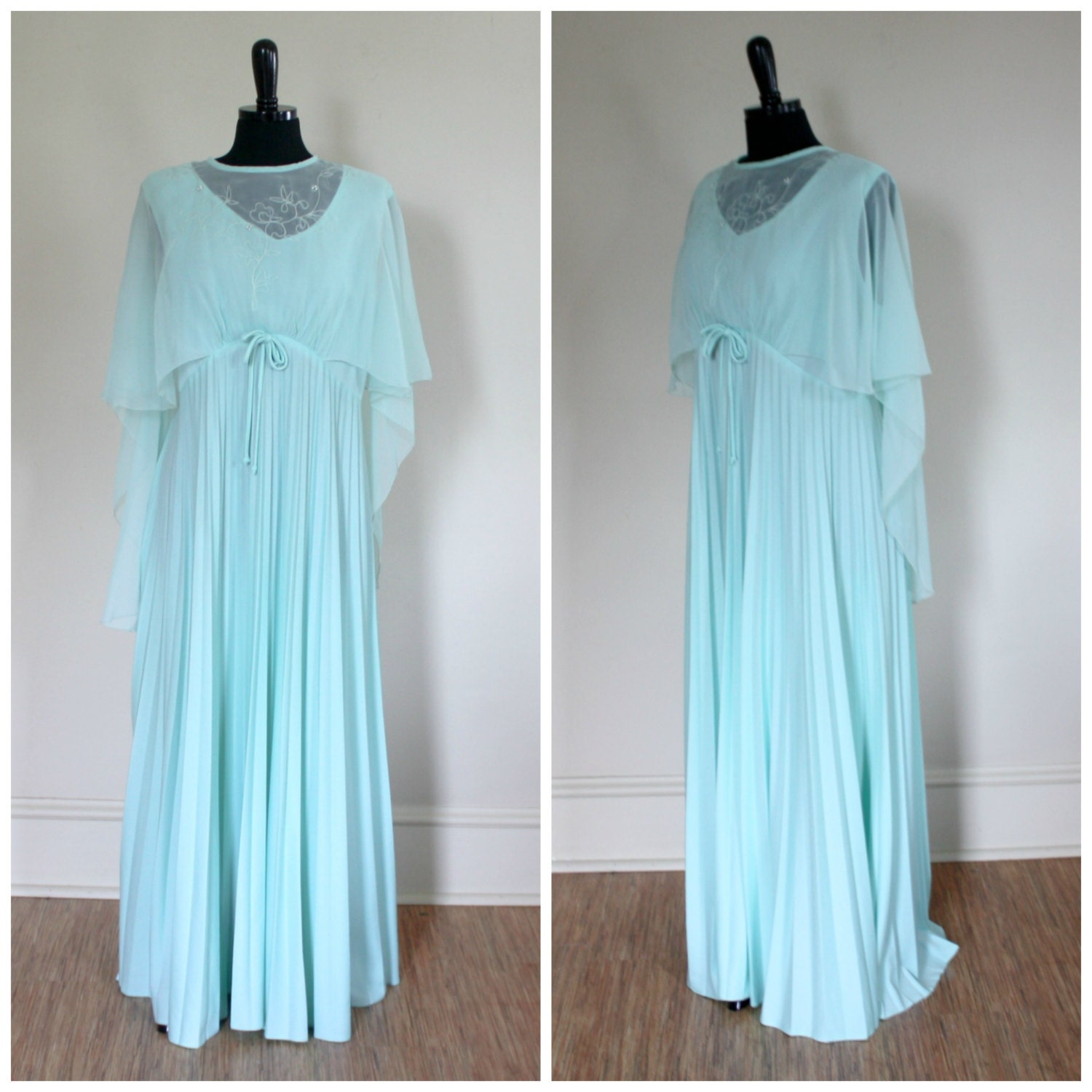 Vintage 1960s Gown Seafoam Green Maxi Dress Pastel Green