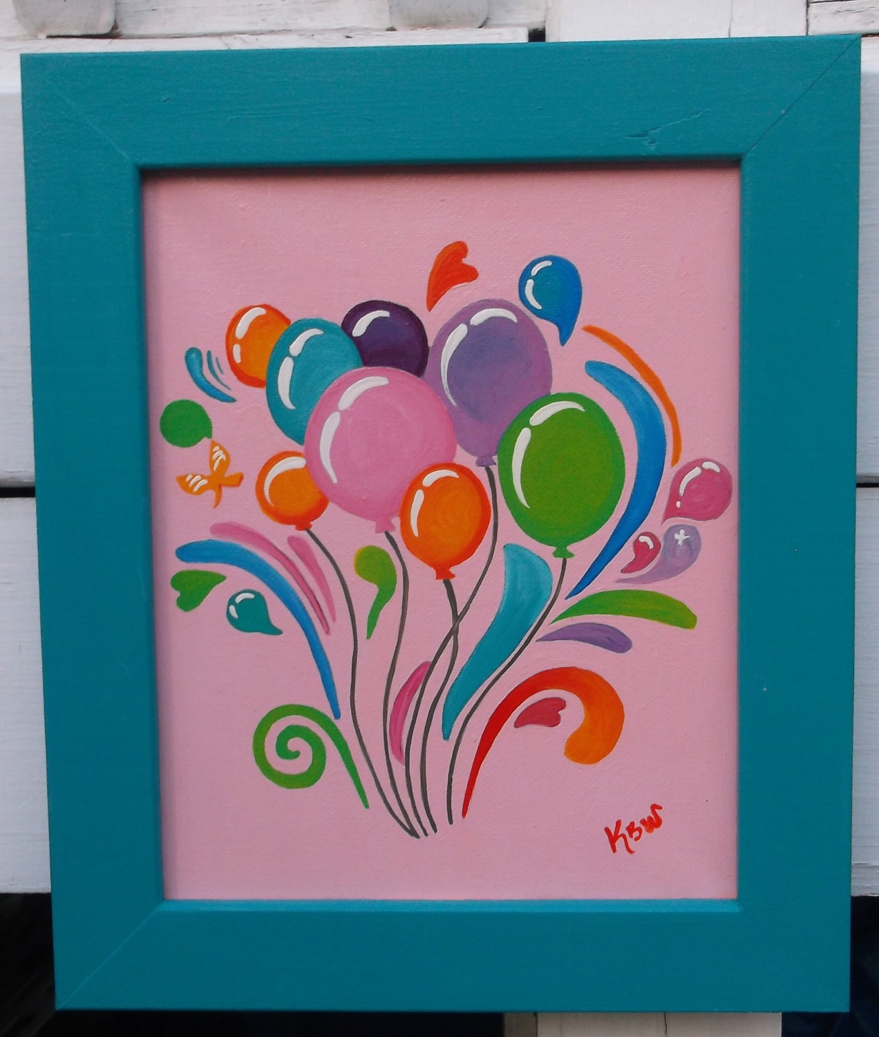 Colorful Balloons Hand Painted on Canvase with Pink by kbaxter225