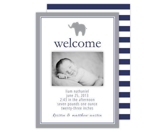 Elephant Birth Announcement (Elephant Photo Announcement, Gray and Navy Elephant Boys Birth Announcement, Elephant Invitation) Il_570xn