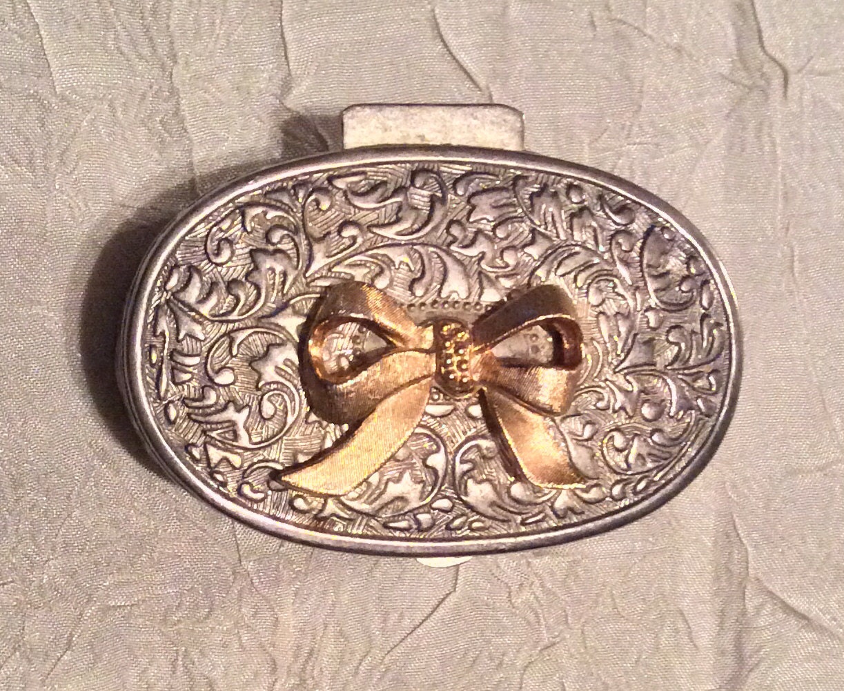 Vintage Small Silver Plate Hinged Jewelry Box with Gold Tone Bow