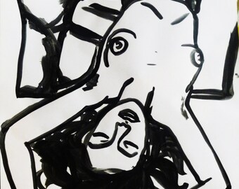 Dessin original, original artwork, illustration sexy girl fille nue sur papier/paper 70x50