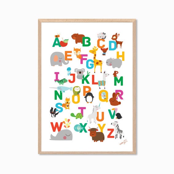 ABC Animal Chart Poster : Modern Animal Illustration Retro Art