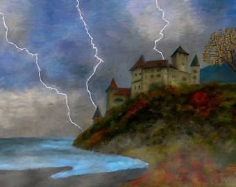 Castle On A Cliff Canvas Fine Art Print Lightening Stormy Home Decor Wall Art Digital Painting