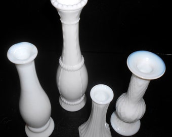Vintage Vases, Milk Glass, White Vases, Shabby, Mismatched, Set of Four