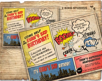 Superhero Invitation / VINTAGE Superhero birthday invite - DIY vintage comic book printable invitation