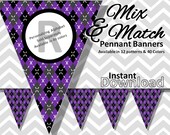 Purple Argyle Halloween Bunting Pennant Banner Instant Download, Mix & Match Banners:12 patterns/40 colors - DIY Printable Party Decorations Il_170x135