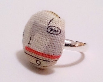 Sewing Machine Fabric Button Ring, Habedashery Red and Grey Fabric Ring, Silver Ring