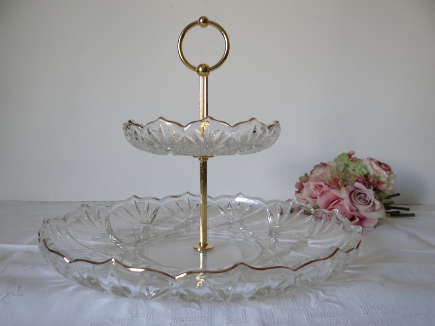 Two Tiered Crystal Tray with Gold Tone Edge and Handle