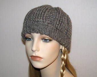 Womens Crochet Hat Gray Wool Mohair Blend with Knit Ribbing - Crocheted Winter Gray Hat for Her - Gray Handmade Cap in Mohair Blend