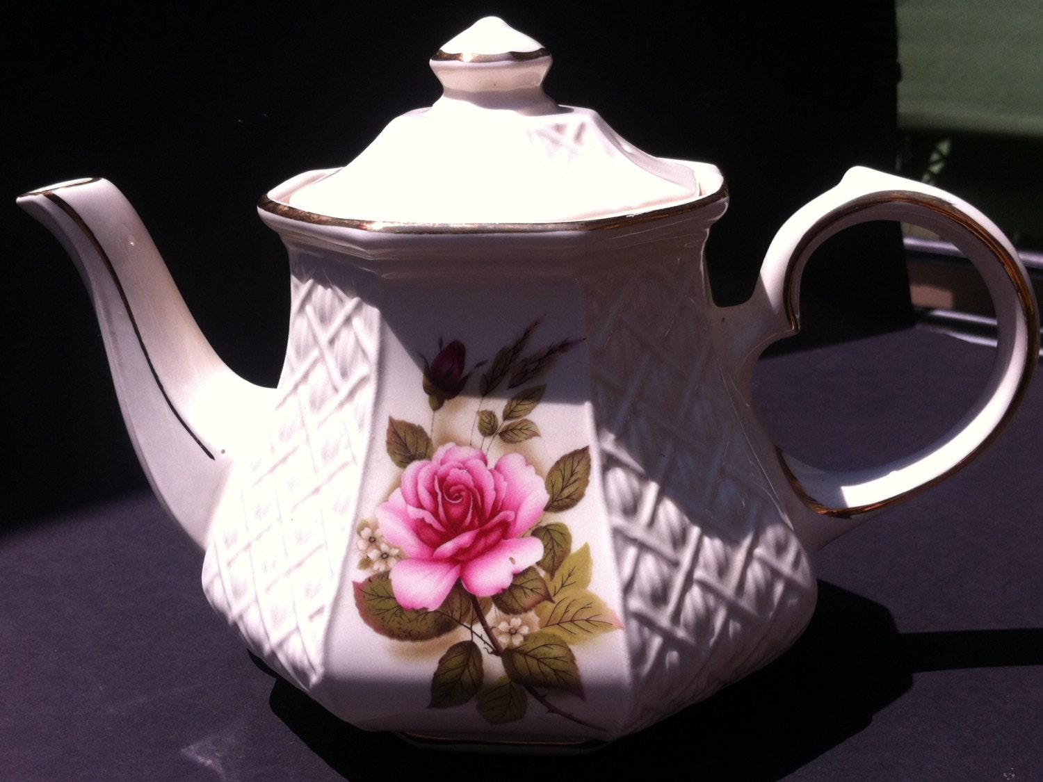 Vintage Sadler England Pink Rose Teapot with geometric pattern