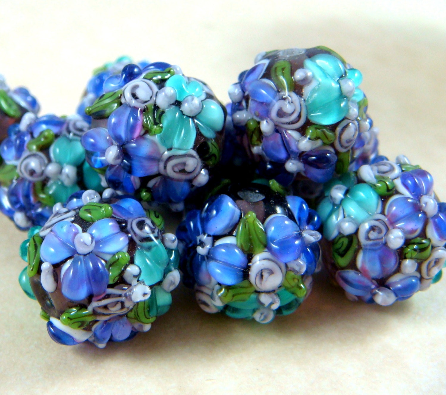 Lampwork Beads Purple & Aqua Bumpy Floral Lamp work Beads