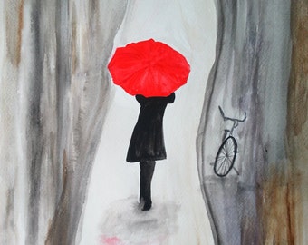 40% off Girl with red umbrella, original watercolor painting, red ...