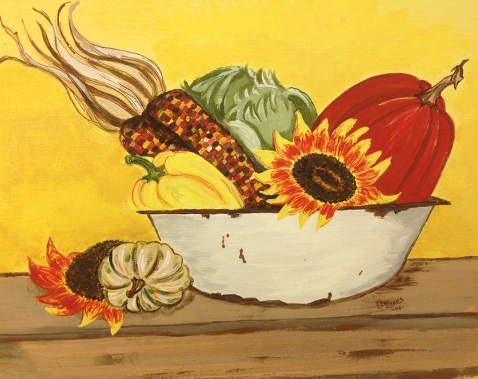 Wood Tray with Metal and Wood Handles - Bowl of Indian Corn, Pumpkin, lettuce, gourds and sunflowers