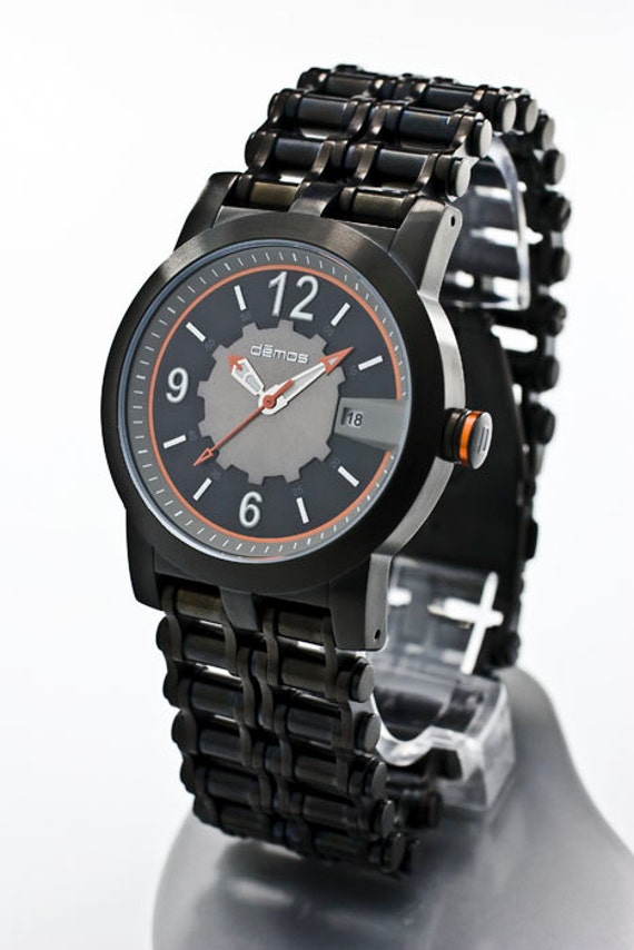 Mayans MC & Sons of Anarchy style - Motorcycle CHAIN Watch / Bikers wristwatch - Black IP Steel Bracelet with Black / Orange Demos Watch