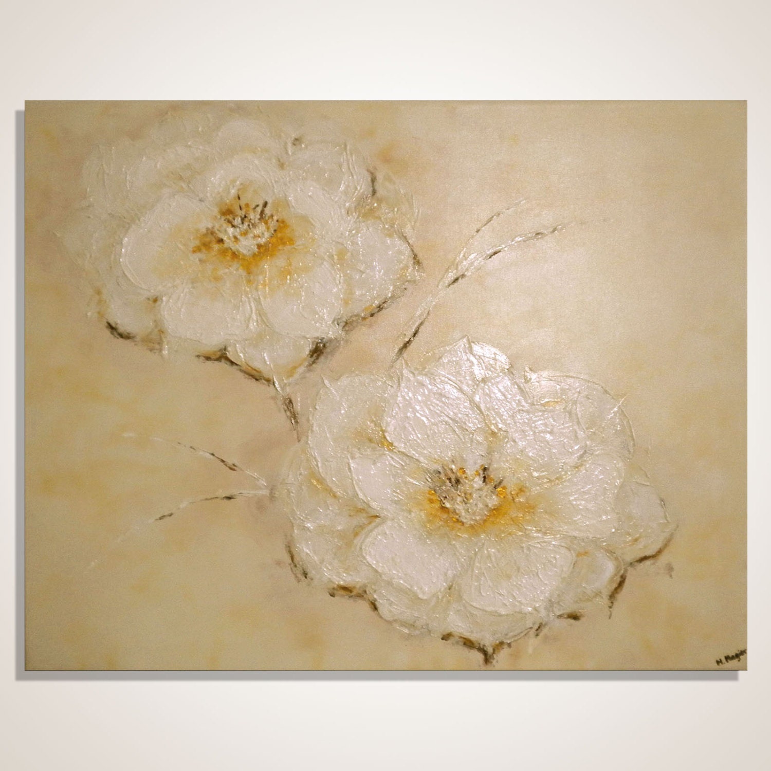 White flower painting White & Gold Flower Blossom Neutral